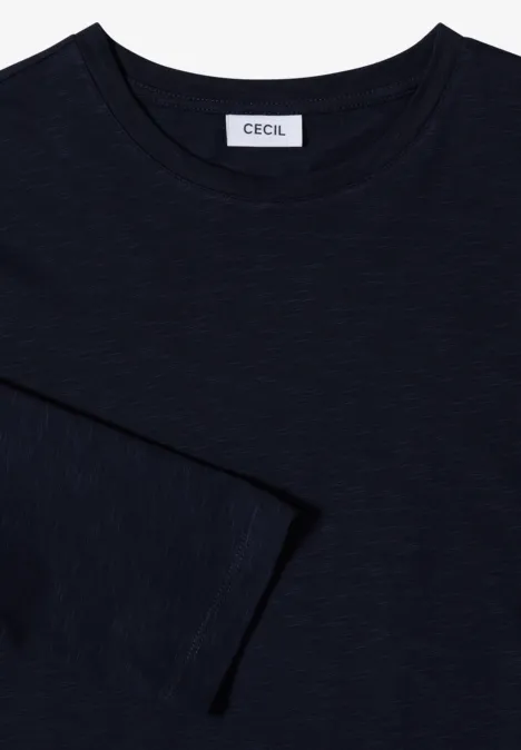 T-shirt à manches longues bleu foncé, col rond, avec étiquette 'CECIL' à l'encolure