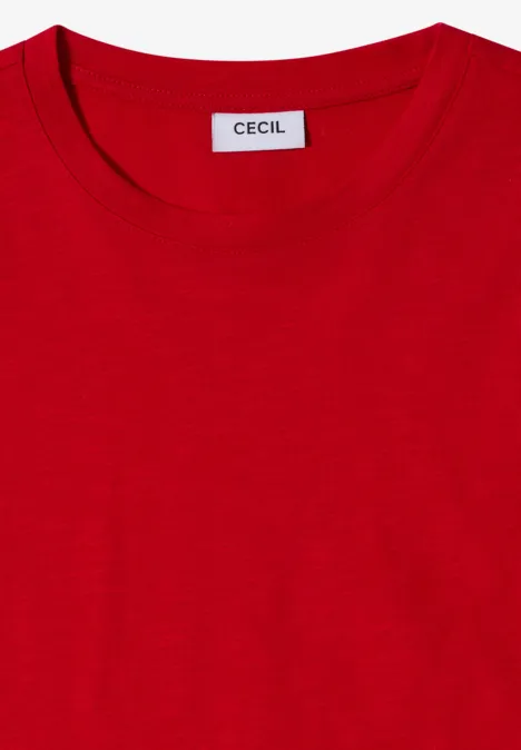 3/4-Arm Shirt mit Rundhals in Unifarbe flame red Rotes T-Shirt mit Rundhalsausschnitt und weißem Label 'Cecil' am Kragen.