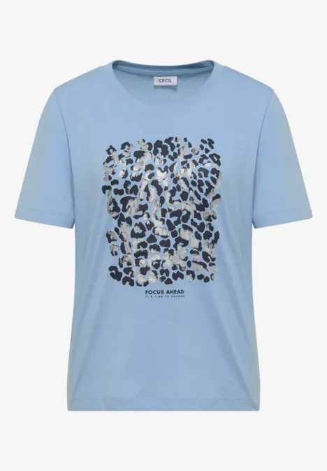 Shirt met luipaardprint en folie-details easy blue Hellblaues T-Shirt mit schwarzem und blauem Leopardenmuster auf der Vorderseite.