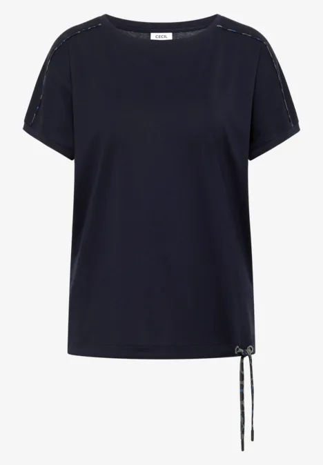 Dunkelblaues Damen-T-Shirt mit Rundhalsausschnitt, kurzen Ärmeln und seitlichem Kordelzug.