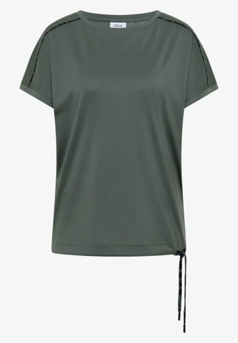 Lässiges, kurzärmliges Shirt in Olivgrün mit Rundhalsausschnitt und seitlicher Kordel zum Binden.