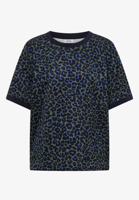 Lockeres T-Shirt mit rundem Ausschnitt und blau-schwarzem Leopardenmuster