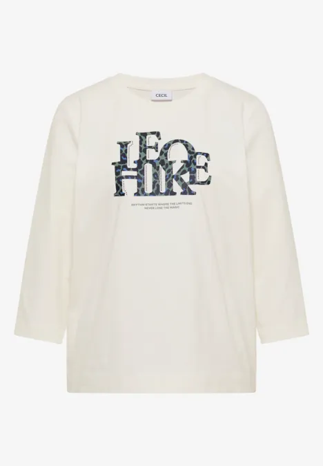 Langärmeliges, cremefarbenes T-Shirt mit auffälligem 'LEOHINE'-Print.