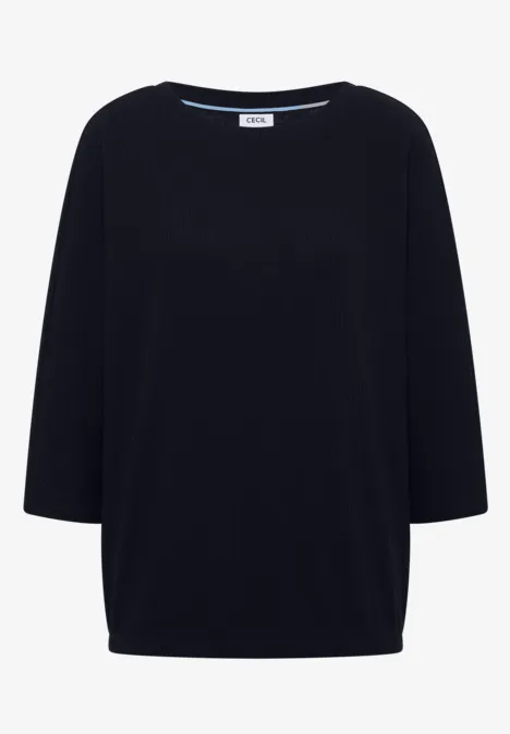 Schwarzer Pullover mit weiten 3/4-Ärmeln und weitem Rundhalsausschnitt.