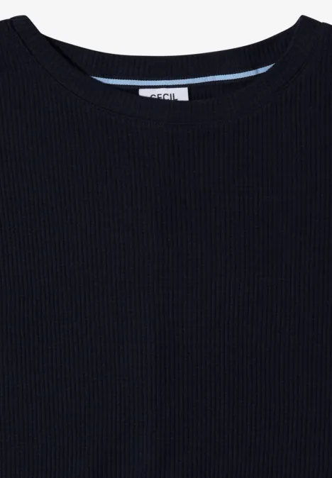 Dunkelblaues, geripptes Langarmshirt mit rundem Ausschnitt.