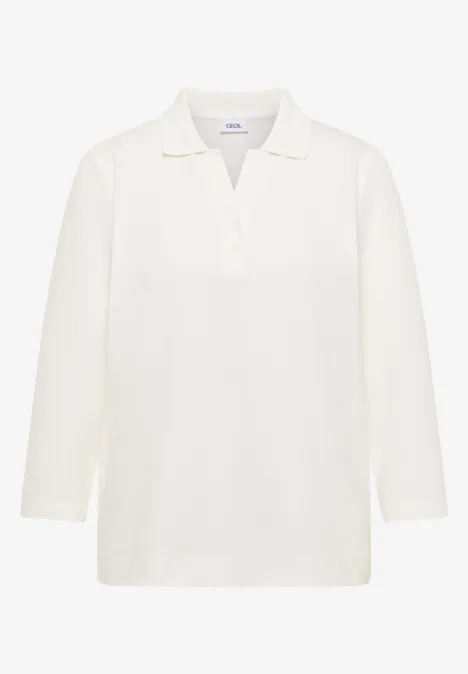 Weißes, langärmeliges Poloshirt mit V-Ausschnitt und geradem Schnitt.