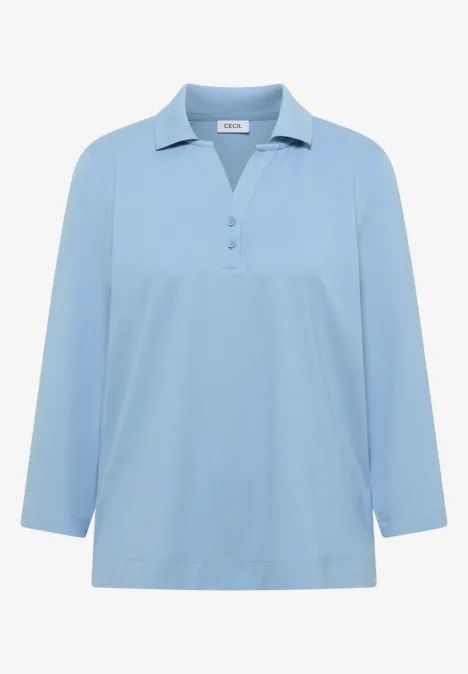 Hellblaues, langärmliges Polohemd mit Kragen und Knopfleiste.