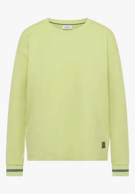 Hellgrünes Langarmshirt mit Rundhalsausschnitt und dezenten Streifen an den Ärmelbündchen.