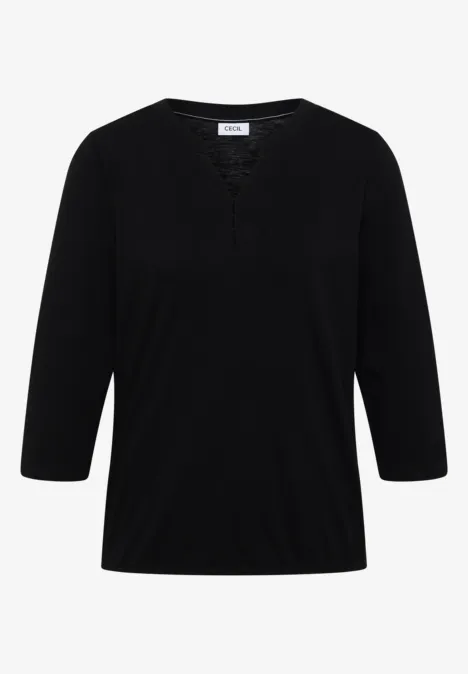 Schwarzes Shirt mit 3/4-Ärmeln und V-Ausschnitt mit Spitzenbesatz