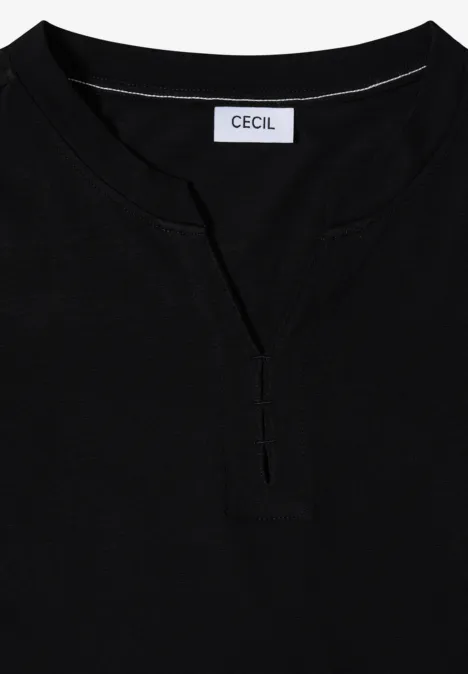 Schwarzes Damen-Shirt mit leichtem V-Ausschnitt und Markenlabel 'CECIL'. Schlicht und elegant.