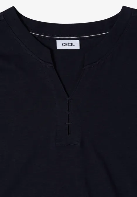 Schwarzes Damen-Shirt mit V-Ausschnitt und Ziernaht am Kragen, Label 'CECIL' innen.