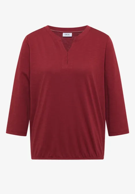 Rotes Damen-Shirt mit 3/4-Ärmeln, V-Ausschnitt und elastischem Bund.
