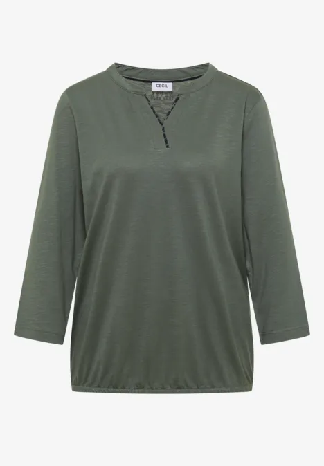 Dunkelgrünes Damen-Shirt mit 3/4-Ärmeln, V-Ausschnitt und Knopfleiste, legere Passform.