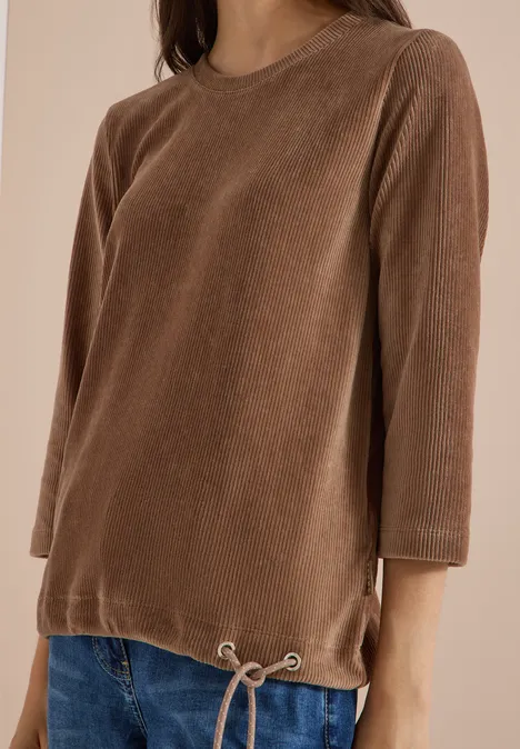 3/4-mouw Shirt van corduroy met trekkoord creamy mocha Modisches Oberteil in warmem Braun mit 3/4-Ärmeln, Rundhalsausschnitt und Kordelzugösen am Saum.