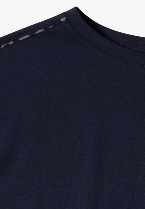 Dunkelblaues T-Shirt mit Rundhalsausschnitt, schlichtes, weiches Baumwollmaterial.