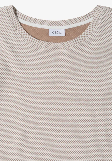 Beiges T-Shirt mit feinem Punktemuster, Rundhalsausschnitt und 'CECIL'-Etikett am Rücken.