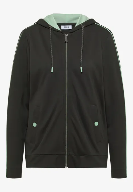 Schwarzer Hoodie mit Reißverschluss, mintgrüner Kapuzeninnenseite und passenden Taschenknöpfen.