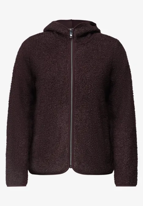 Dunkelbraune, flauschige Fleece-Jacke mit durchgehendem Reißverschluss und Kapuze.