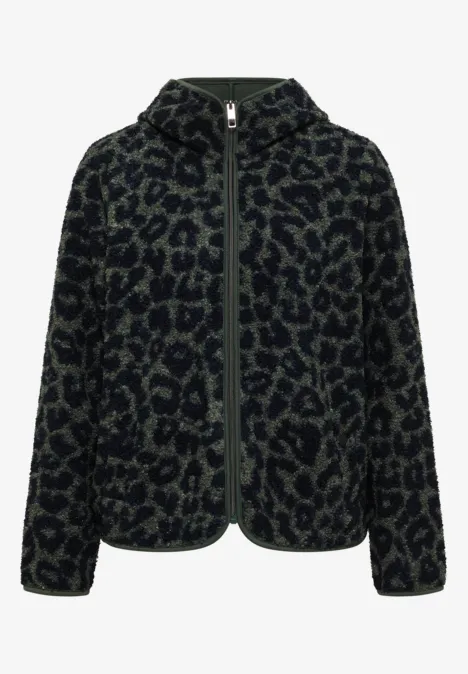 Flauschige Kapuzenjacke mit Reißverschluss, dunkelgrün-schwarzes Leopardenmuster.
