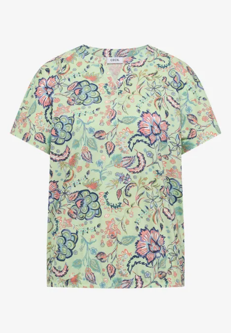 Pastellgrünes T-Shirt mit rosa-blauem Blumenmuster