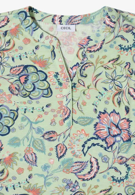 Hellgrüne Bluse mit buntem Blumenmuster, V-Ausschnitt und lockerer Passform.