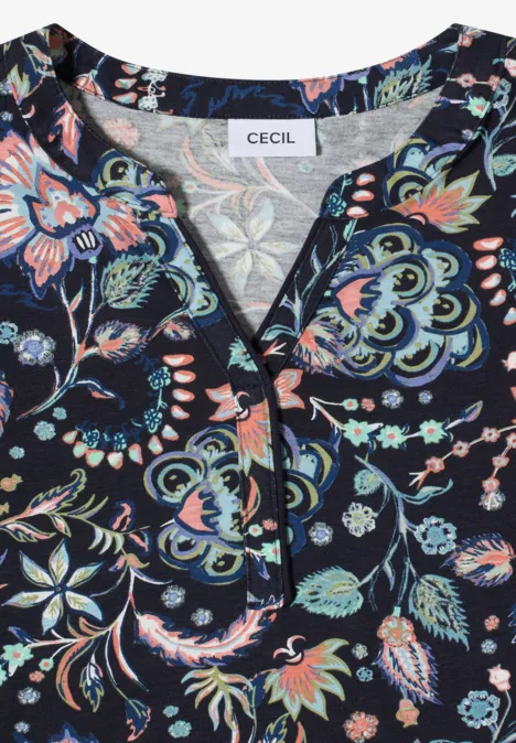 Schwarze Bluse mit farbenfrohem Blumenmuster und V-Ausschnitt