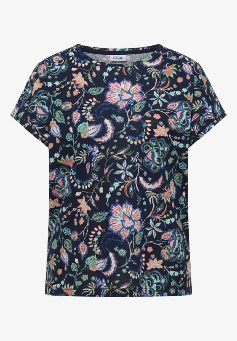 Blauw T-shirt met een kleurrijk bloemenpatroon.