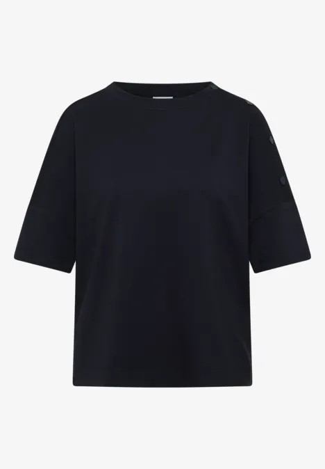 Eenvoudig zwart T-shirt met ronde hals, korte mouwen en losse pasvorm.