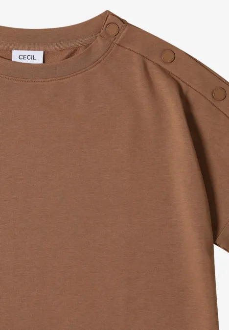 T-shirt marron manches courtes à boutons-pression sur l’épaule, style épuré