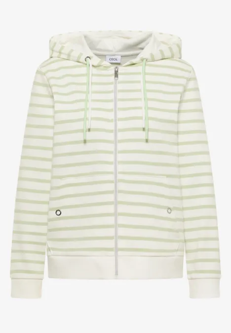 Weiße Kapuzenjacke mit hellgrünen Querstreifen, Reißverschluss und seitlichen Taschen.