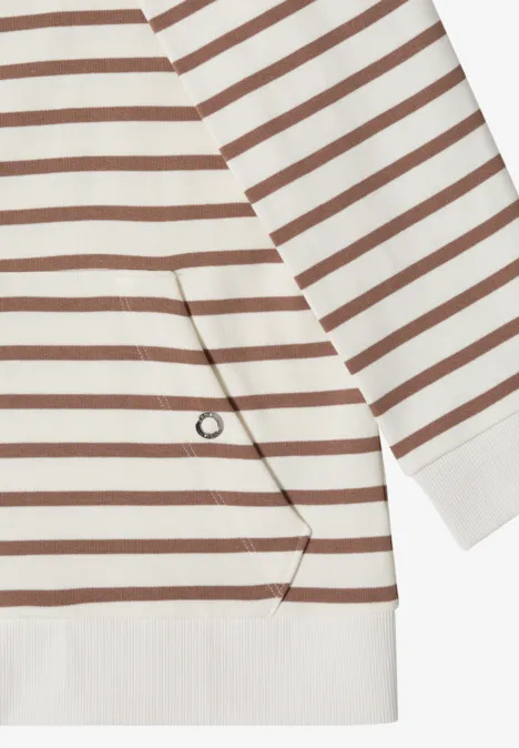 Weiß-braun gestreifter Pullover mit seitlicher Tasche und Metallschlaufe.