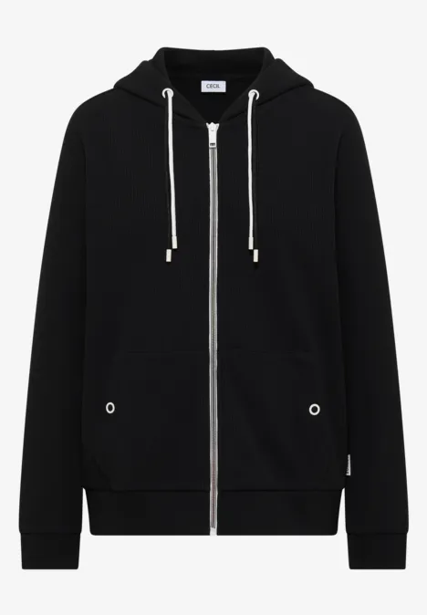 Schwarzer Kapuzenpullover mit Reißverschluss und weißen Kordeln, gerader Schnitt und zwei Taschen.