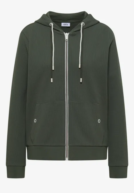 Dunkelgrüner Kapuzenpullover mit Reißverschluss, Kängurutaschen und Kordelzug.