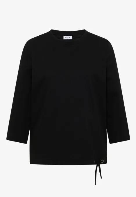 Schwarzes Shirt mit 3/4-Ärmeln und Kordelzug am Saum