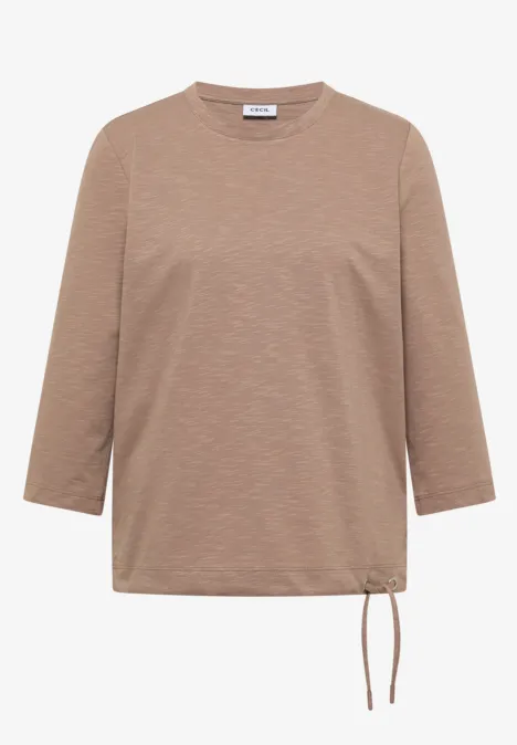 Beiger, legerer Langarm-Pullover mit Rundhalsausschnitt und seitlichem Kordelzug am Saum.