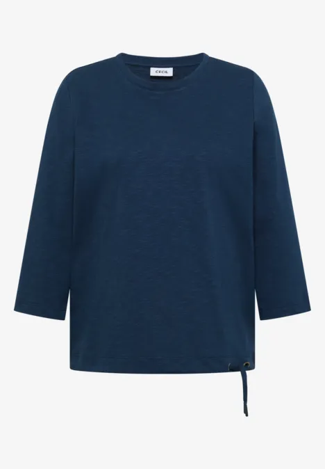 Dunkelblaues Damen-Shirt mit 3/4-Ärmeln, Rundhalsausschnitt und seitlichem Kordelzug am Saum.