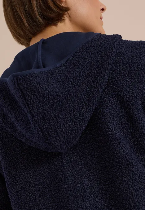 Teddy-Jacke mit Kapuze in Unifarbe urban dark blue Rückansicht einer dunkelblauen Teddyfleece-Jacke mit Kapuze.
