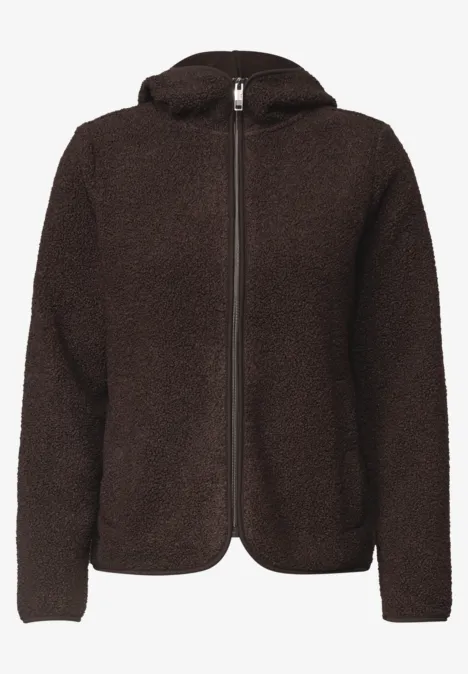 Donkerbruine teddyfleece jas met capuchon en volledige ritssluiting.