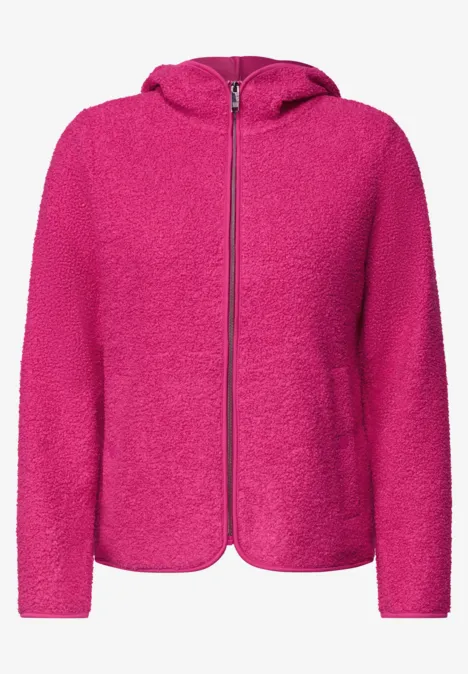 Veste polaire légère rose avec capuche et fermeture éclair intégrale.