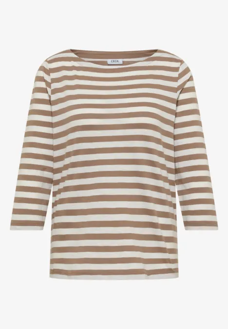 Basic Shirt met boothals en strepen natural taupe Beiges und weißes, gestreiftes Damen-Shirt mit 3/4-Ärmeln und rundem Ausschnitt.