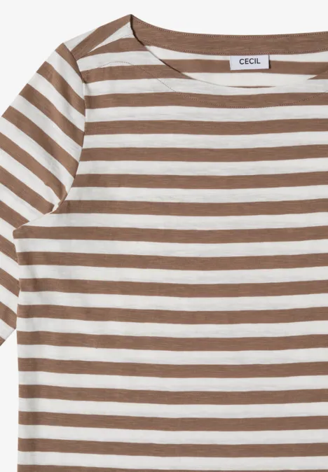 Basic Shirt met boothals en strepen natural taupe Braun-weiß gestreiftes Kurzarmshirt mit rundem Ausschnitt.