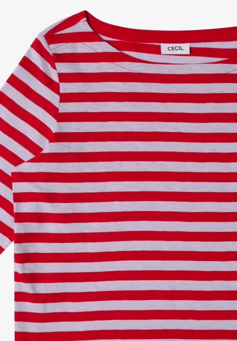 Basic Shirt mit Boat Neck und Streifen signal red Kurzärmliges T-Shirt mit roten und weißen horizontalen Streifen, lässiges Freizeit-Oberteil.