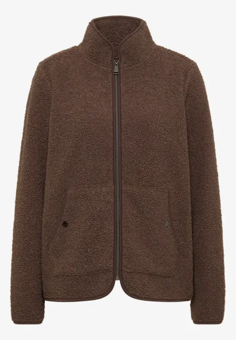 Braune Fleecejacke mit Stehkragen, durchgehendem Reißverschluss und Taschen
