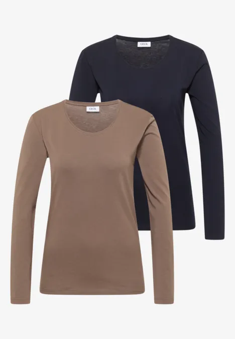 Zwei einfarbige Langarmshirts, eines in Braun und eines in Schwarz.