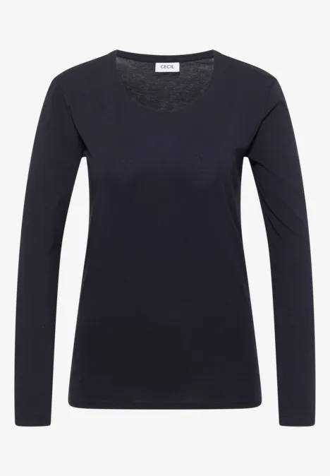 Dunkelblaues, schlichtes Langarmshirt mit rundem Ausschnitt.