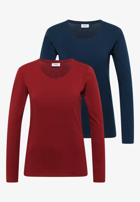 Zwei schlichte Damen-Langarmshirts in Marineblau und Bordeauxrot mit Rundhalsausschnitt.