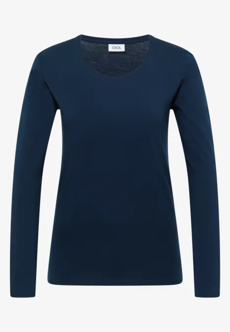 Einfaches dunkelblaues Langarmshirt mit rundem Ausschnitt.