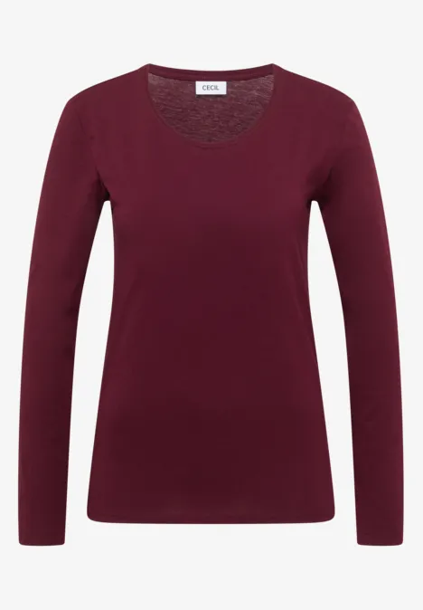 Bordeauxrotes Langarm-Shirt mit V-Ausschnitt, schlanker Passform und schlichtem Design