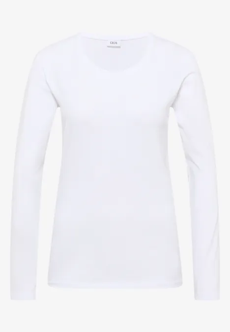 Ein schlichtes weißes Langarmshirt mit Rundhalsausschnitt.