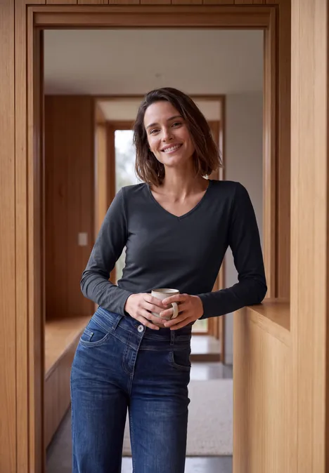 Langarm Shirt in Unifarbe mit V-Neck urban dark blue Lächelnde Frau in Jeans und Langarmshirt lehnt an Holzrahmen und hält eine Tasse.